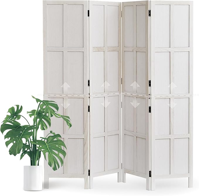 Wood Room Divider 4 Panel, 5.6Ft Detachable Folding Privacy Screen for Room Separation, 33.5" 2in1 Removable Short Wall Divider Screen for Home Office Bedroom, Dog Gate for Isolate Dog-White