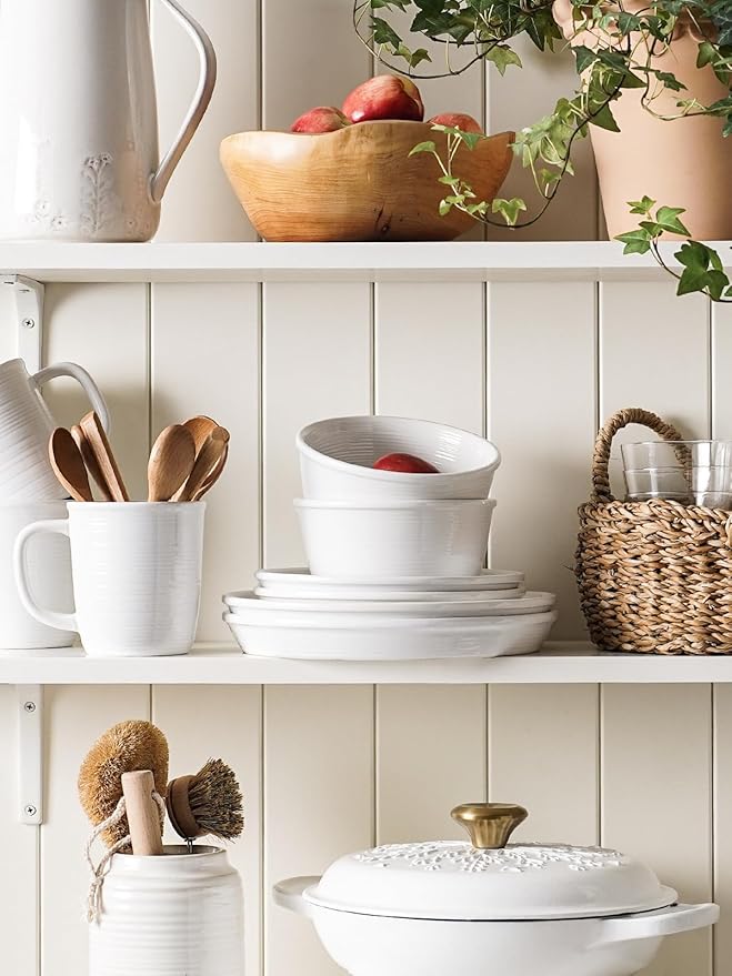 LE TAUCI Dinnerware Sets with Mugs for 4, Stoneware Plates and Bowls Set, Stackable, Microwave & Dishwasher Safe Ceramic Dishes, 16-Piece, White (10" Dinner & 8" Salad Plates, 6" Bowls, 18 oz Cups)