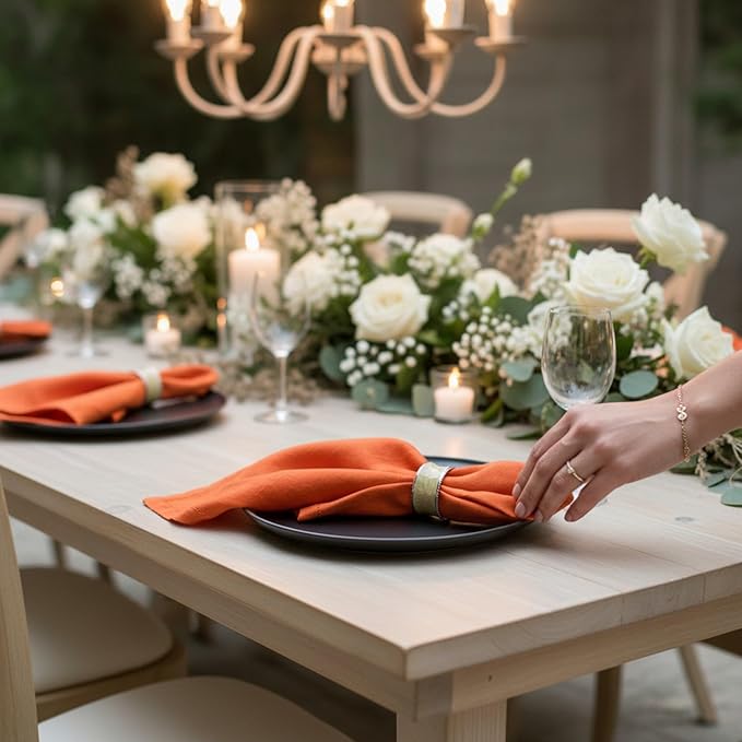 Hemstitched Linen Napkins – 20 Inch x 20 Inch – Stonewashed Pure Linen Cloth Dinner Napkins with Mitered Corners - 100% French Flax – Machine Washable - Set of 4 (Sunset Orange)
