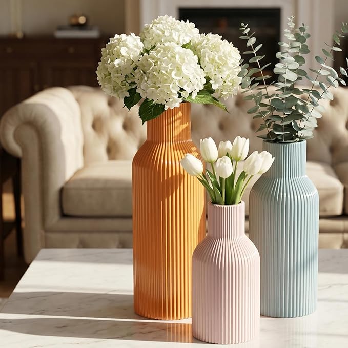 Colorful Ceramic Vases Set of 3, Smooth Round 3D Vertical Ribbed,Minimalist for Pampas Grass &Fresh Flowers, Centerpiece for Living Room, Shelf, Entryway, Wedding(Pink, Blue, Orange)
