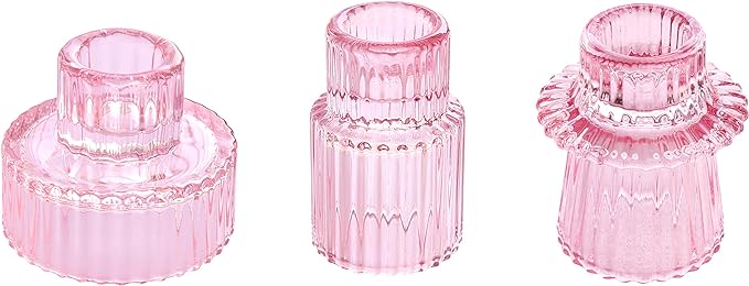 Vixdonos Pink Candlestick Holders Set of 3 Glass Candle Holders for Taper Candles,Pillar Candles and Tealight Candles