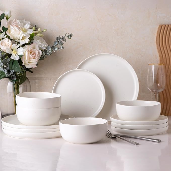 AmorArc Ceramic Dinnerware Sets, Wavy Rim Stoneware Plates and Bowls Sets,Dishwasher & Microwave & Oven Safe Dishes set, Service for 4 (12pc)-Matte Speckled White