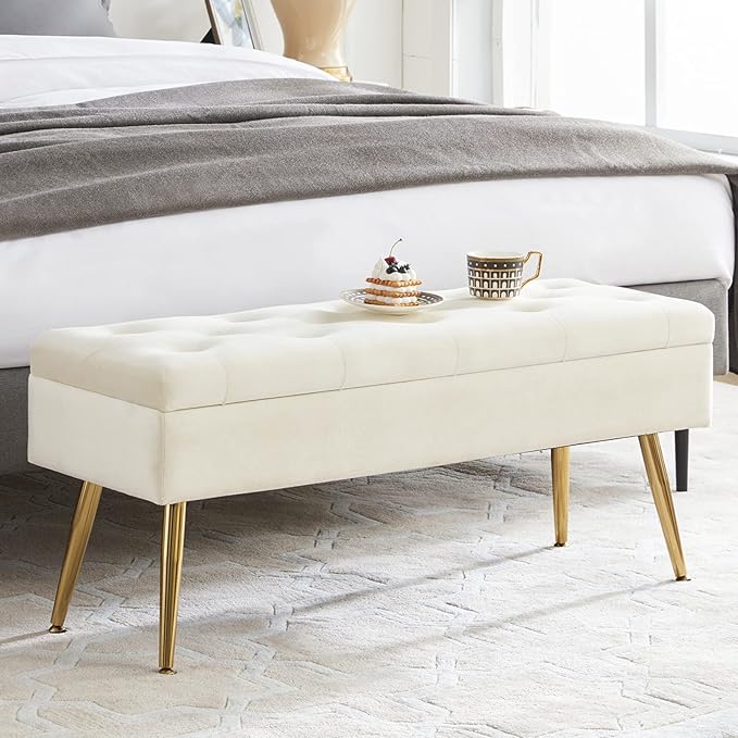 Bench for Bedroom Storage Ottoman Bench with Storage for End of Bed Entryway Cream Velvet