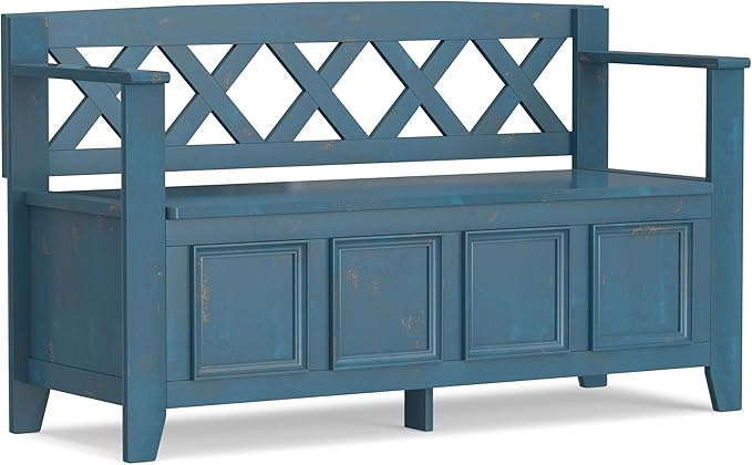 SIMPLIHOME Amherst Entryway Storage Bench - 48 inch Wide Solid Wood Hallway Seat in Distressed Coastal Blue, Transitional Bench for Entryway or Living Room with Lift-Up Lid and Spacious Storage