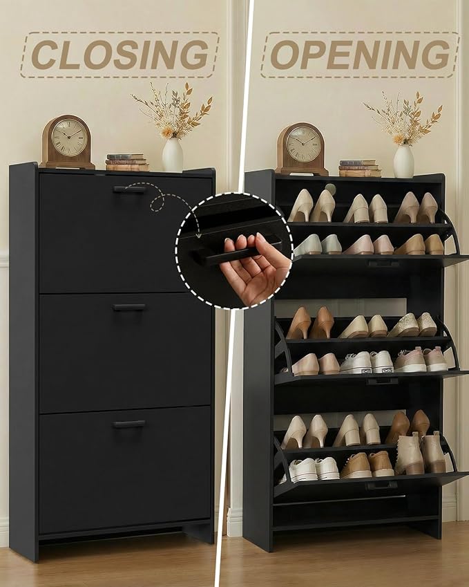 Shoe Cabinet with 3 Flip Drawers, Narrow Shoe Rack Cabinet，Morden Shoe Storage Cabinet，Freestanding Shoe Storage Cabinet for Hallway or Hallway, Black