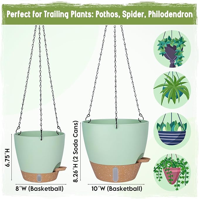 Self-Watering Hanging Planters with Water Level Window, 8/10 Inch Indoor Outdoor Hanging Plant Pots Includes Chain Hangers with Drainage Holes & Detachable Reservoir (Green, 8+10 inch)