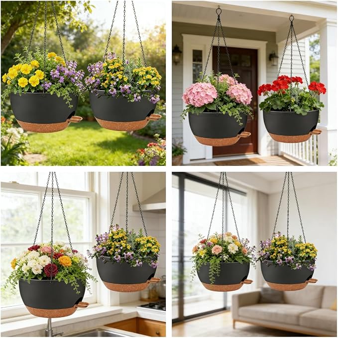 12" Self Watering Hanging Planters with Chains, Black Brown，2 Pack | 43 Oz removable self-watering reservoir, for indoor/outdoor plants, patio & garden