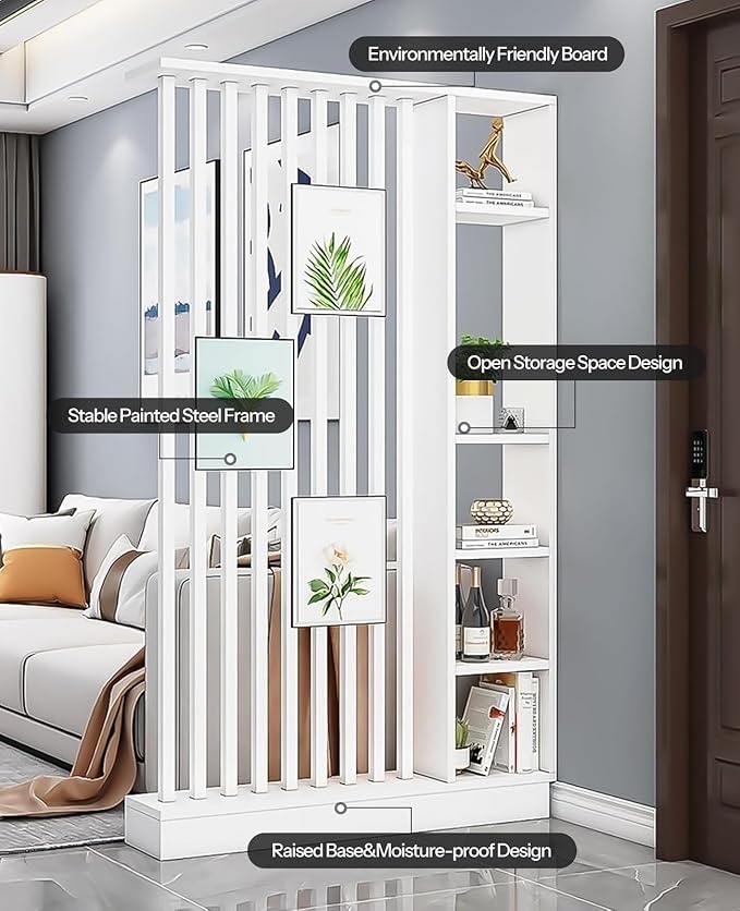 Wall Room Divider, Storage Cabinet Storage Display with Shelves, Modern Freestanding Wood Room Divider Screen, Wall Privacy Screens for Home Decorative (White+W,47" L x 9.5" W x 79.5" H)