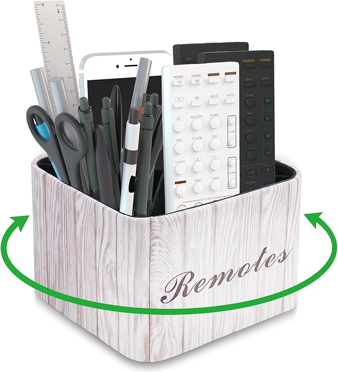 Square Leather Art Supply Organizer,Remote Control Holder with Removable Dividers,360°Rotatable Pencil Holders,4 Compartments Organizer for Office Supplies Storage Box(1-Light Grey)
