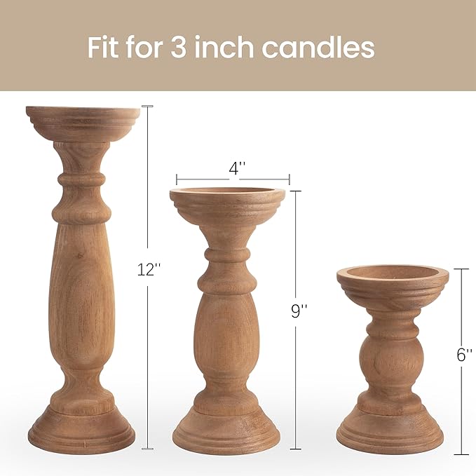 Rustic Wooden Pillar Candle Holders Set of 3, 12'' 9'' 6'' Farmhouse Wood Candle Stand for Table Centerpieces, Vintage Tall Candleholders Fireplace Mantel Decor for Living Room, Brown