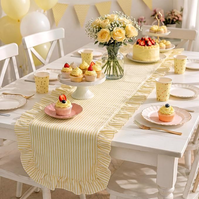 Yellow Stripe Ruffled Table Runner 72 Inches Long Scalloped Table Runner Rustic Cotton Tabletop Farmhouse Decor for Baby Shower Bride Shower Birthday Party Holiday Wedding