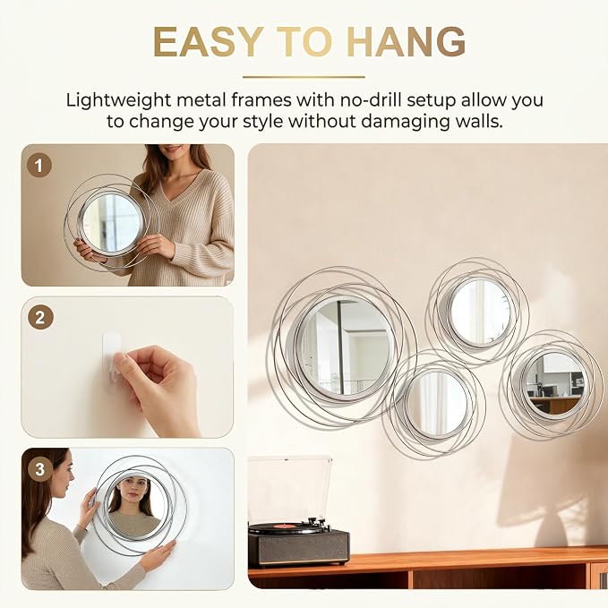 4 Piece Silver Round Wall Mirror Set Modern Metal Circle Home Decor for Living Room Bedroom Entryway 11/9 in Decorative Mirrors Minimalist Wall Art for Home