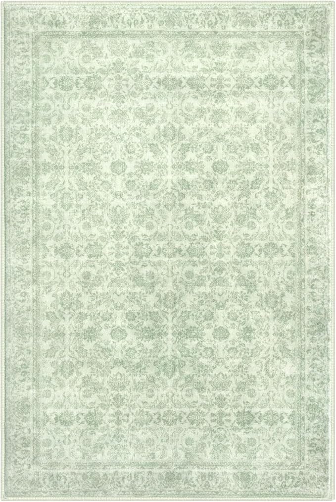 SIILOOM 2x3 Washable Rug Soft Area Rug for Entryway, Light Sage Green and Ivory Non-Slip Indoor Door Mat Floral Low-Pile Kitchen Rugs, Neutral Vintage Carpet for Entrance Kitchen Bedside Farmhouse