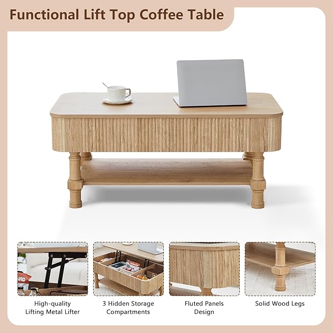39” Large Lift Top Coffee Table with Hidden Storage Compartment, Fluted Coffee Tables Fully Assembled Wooden Center Table, Mid Century Modern Lift Tabletop Dining Tables for Living Room Office,Natural