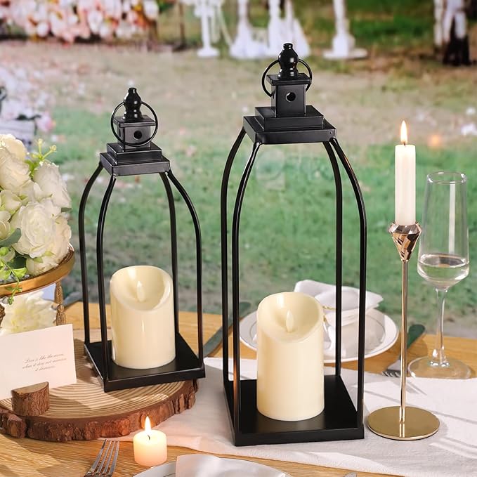 DARJEN Modern Farmhouse Lantern Decor Outdoor & Indoor- 17'' 14'' Black Metal Candle Lanterns for Christmas, Lanterns Decorative with 2 Flameless Candles for Porch,Patio,Home,Fireplace Mantle Decor
