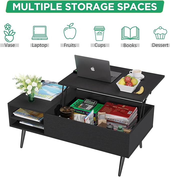 PayLessHere 39" Lift Top Coffee Table with Adjustable Storage and Hidden Compartment Small Wood Coffee Table Center Table for Home Living Room Office Apartment Reception Room,Black