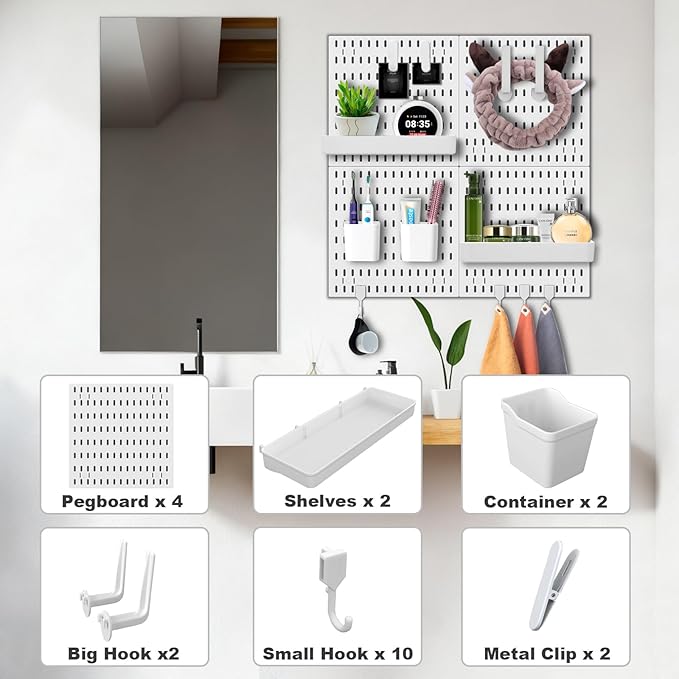 Wall Organizer Pegboard Kit, Wall Control Peg Board with 18 Pcs Accessories, 4 Pack Plastic Wall Mount Display Storage Panels for Kitchen Bathroom Craft Room Office Organization, 23.6 Inches (White)