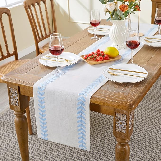 Wracra Embroidered Table Runner Irregular Willow Leaf Table Runners 60 Inches Long for Dresser Home Dining Table Decor,14 x 60 Inch, Blue
