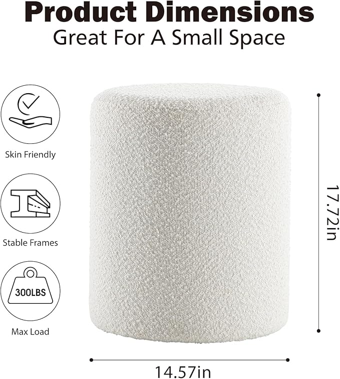 O2B Modern Round Ottoman with Soft Padded Seat – Multifunctional Vanity Chair, Upholstered Footrest Stool for Living Room and Bedroom, Furniture & Décor Store (White)