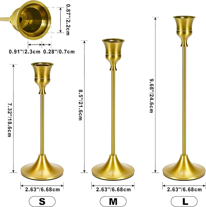 Candle Holder Gold Taper Candlestick Holders - Table Décor Brass Golden Pillar Candle Sticks Holder Set of 6, Antique Fireplace Decor Tapered Bulk Candelabra for Wedding, Christmas