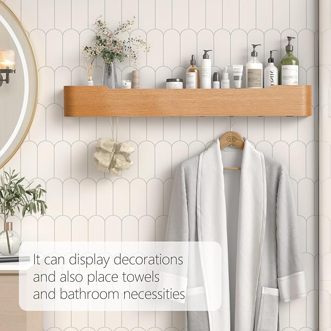 Coat Rack Wall Mount with Hidden Hooks Modern Key Holder Wood Entryway Hook with Shelf for Bedroom Kitchen Hallway Bathroom Designed for Hanging Coats Hats Bags Towels Dog Leashe(Oak,8 Hooks)
