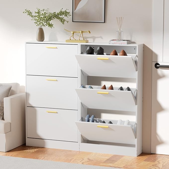 JOZZBY Shoe Cabinet Storage with 3 Flip Drawers for Entryway, White Slim Freestanding Modern Narrow Shoe Organizer Rack Cabinet for Hallway, Living Room