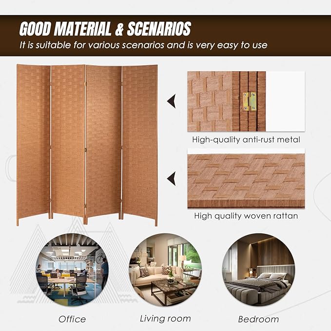 PayLessHere Room Divider 6FT Wood Mesh Hand-Woven Room Divider, 4-Panel Indoor Folding Portable Partition Screen,Natural