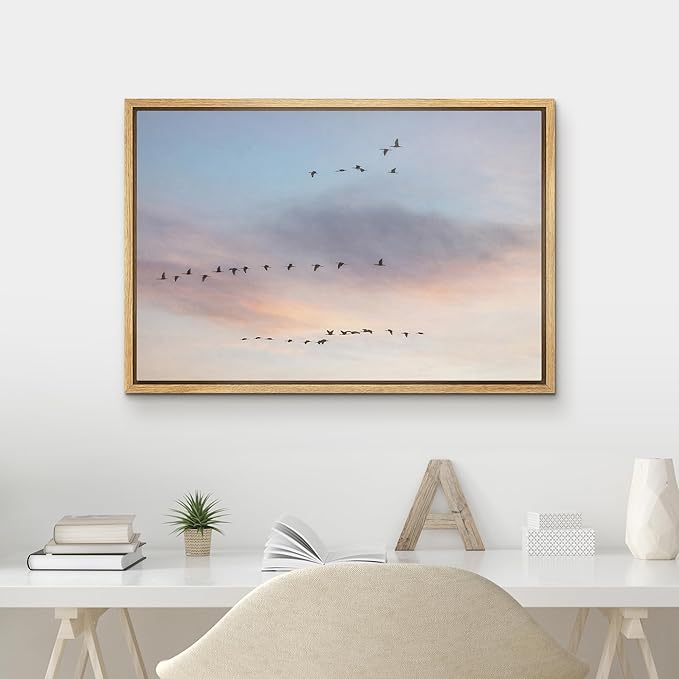 MUDECOR Framed Canvas Print Wall Art Flying Birds in Pastel Sunset Sky Panorama Illustrations Minimalism Decorative Bohemian Zen for Living Room, Bedroom, Office - 16"x24" NATURAL