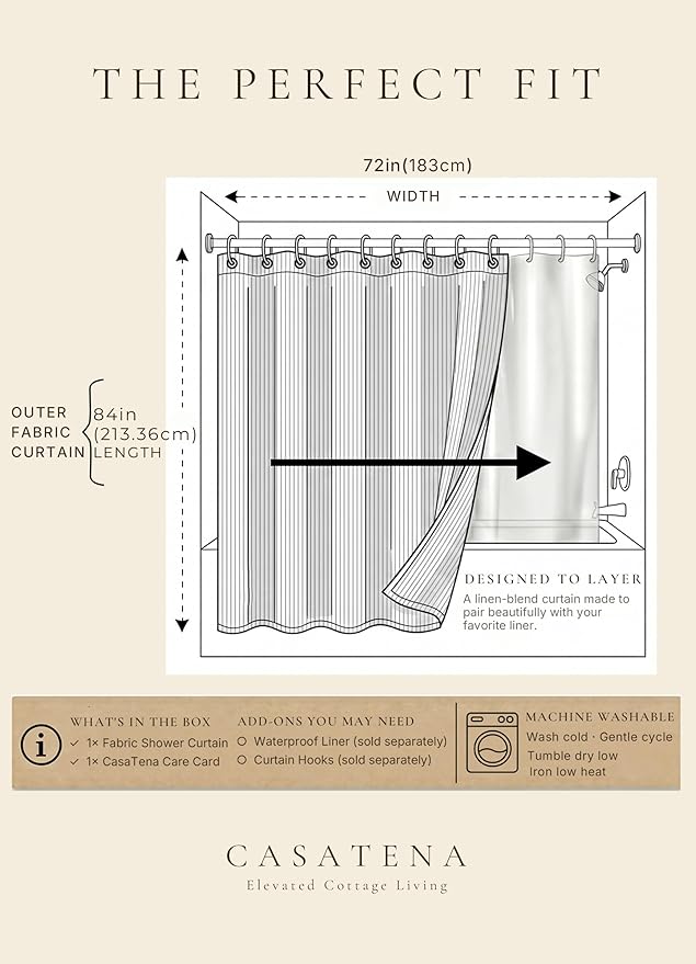Farmhouse Striped Shower Curtain - 72x84 Inches, Linen Blend Fabric, Breathable & Machine Washable, Rustic Sage for Bathroom Decor (Hooks/Liner Not Included)