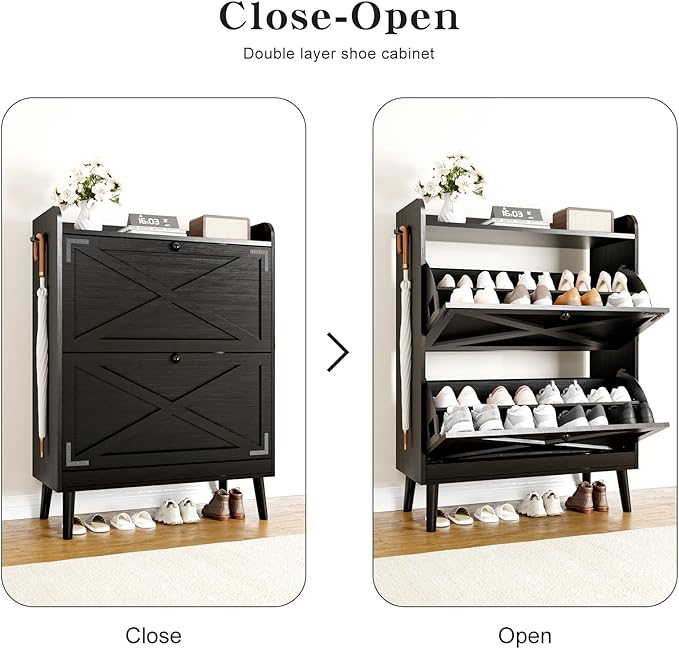 Shoe Storage Cabinet with 2 Flip Drawers & Adjustable Shelves,Narrow Shoe Organizer Cabinet with Doors Side Hooks Wooden Shoe Rack Cabinet for Entryway,Hallway,Black