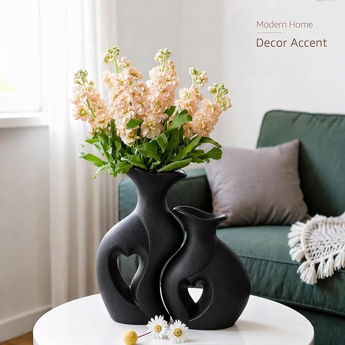 Black Ceramic Vases Set of 2, Hollowed Heart Flower Vase for Modern Nordic Boho Home Decor, Minimalist Table Centerpiece for Wedding, Living Room, Office, Bookshelf, Entryway, Mother's Gift (Matte)