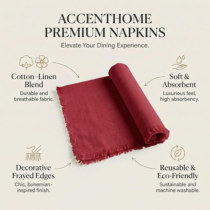 ACCENTHOME Red Cotton Linen Napkin Set of 6 - 18x18 inch Dinner Napkins - Washable Soft Premium Hotel Quality Reusable Napkins Perfect for Family Dinners, Weddings & Everyday Use