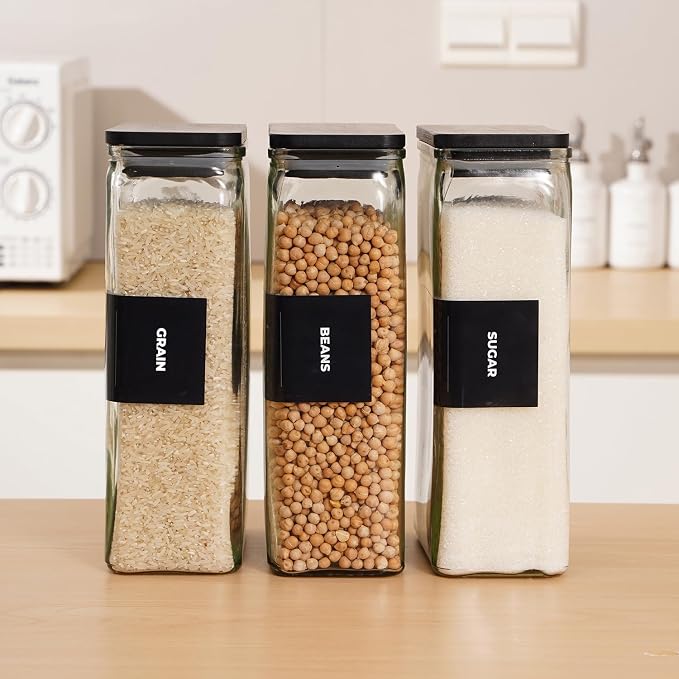 APT 1101 Glass Storage Jars with Bamboo Lid, glass canisters with airtight lids, Clear jars with lids for Spice, Cookie, Candy, Tea, Coffee Bean and Rice (Black, 67 oz, Set of 3)