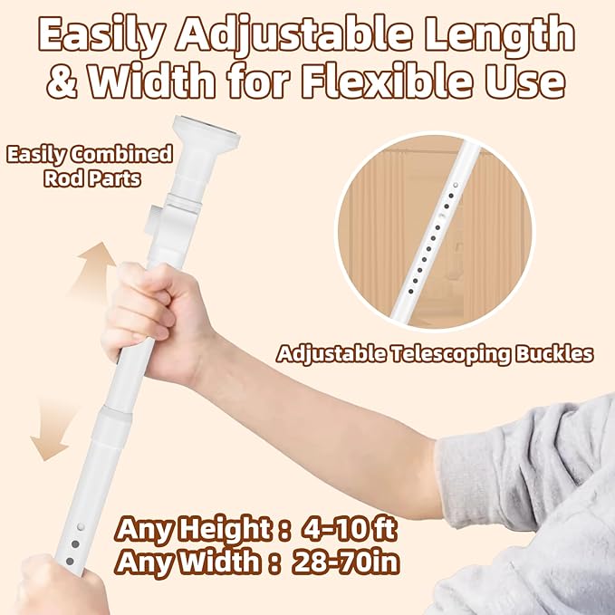 Room Divider, Tension Curtain Rod No Drilling,4-10ft(H) 28-70inch(W) Wall Divider for Room Separation, Heavy Duty Room Partition Separator, Adjustable Folding Privacy Screens,White