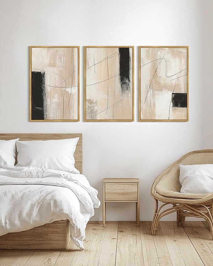 PHOPAGO Abstract Framed Wall Art Large 24x36in Neutral Beige Mid Century Textured Artwork Decor Modern Black Minimalist Line Illustrations Prints Home Decor - Natural Framed