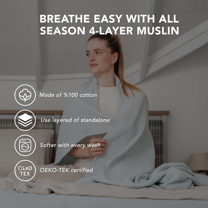 Goqan Muslin Blanket King Size 90x108 – 100% Turkish Cotton 4 Layer Boho Muslin Blanket for Adults, Four Season, Lightweight and Thin, Soft, Breathable for Bed, Couch - Aqua Green
