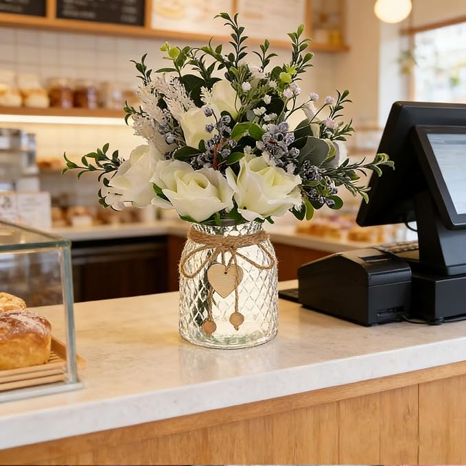 Faux Flowers in Vase, Silk Flower Arrangements Blueberry & Fake Roses Artificial Flowers in Vase, Fake Flower Bouquet for Dining Table Centerpiece Decor and Coffee Table Decor