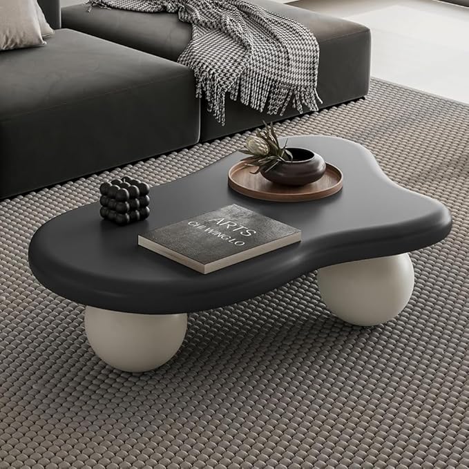 40" Cloud Coffee Table for Living Room Irregular Coffee Table Modern Low Coffee Tables Abstract Faux Stone Cute Center Table with 3 Ball Legs for Small Space Apartment (Black & White)