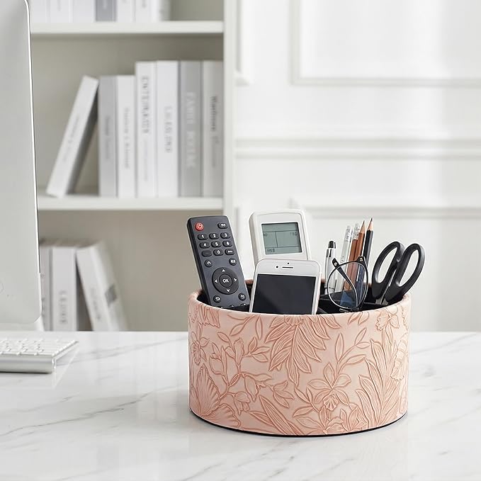 Remote Control Holder, 360°Spinning PU Leather Desk TV Remote Caddy,Desk Storage Box Room Accessories for Controller, Media,Mail,Calculator, Mobile Phone,Pencil(1-Carved Pink)