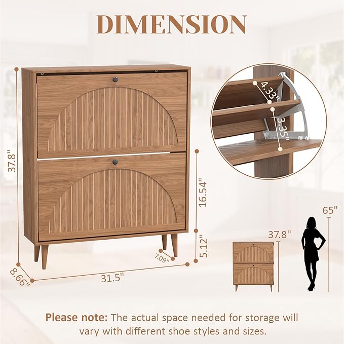 Wood Shoe Rack for Entryway with Fluted Panel, Shoe Storage Cabinet for Entryway with 2 Flip Drawers, Narrow Freestanding Shoe Cabinet for Hallway, Foyer, Living Room (Walnut)