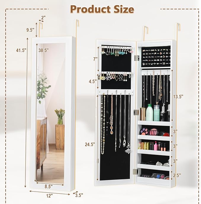 12 LEDs Jewelry Armoire Cabinet, Wall/Door Mounted Full-Length Mirror Jewelry Cabinet with Earring & Rings Slots Necklace Hooks, 5 Storage Shelves for Bedroom Makeups, White