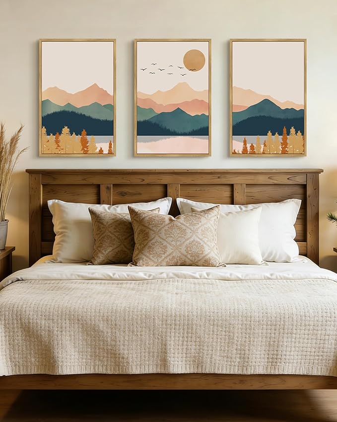 PHOPAGO Mountain Range Landscape Large 16x24in Framed Wall Art Watercolor Nature Laker Paints Boho Sun Rises Rustic Room Decor for Living Room Farmhouse - Natural Framed