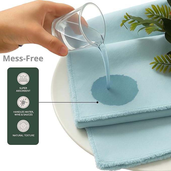 Palisa Premium Cotton Dinner Napkins Set of 12 | Light Blue Frayed Edge Rustic Farmhouse Table Linen | Soft Washable Long Lasting Durable Cloth Serviettes for Wedding Dining Decor 18x18 Inch
