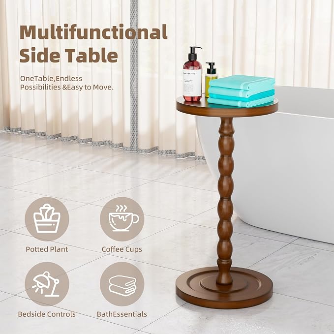 Simple Trending Small Side Table, Round Drink Table for Small Spaces, Pedestal Coffee Table for Living Room, Rustic Brown