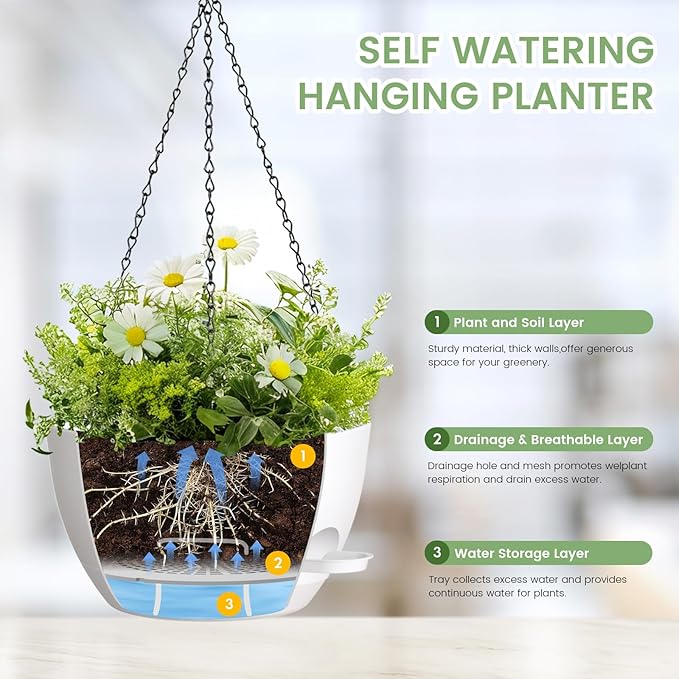 2 Pack 12 Hanging Flower Pots with Chains - Self Watering Plastic Planters for Indoor & Outdoor Plants, Sturdy Triangular Iron Chain Design for Garden PorchPlastic Hanging Flower pots (White)