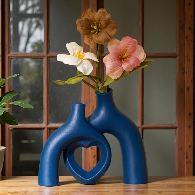 Liotww Snuggle Hollow Decorative Ceramic Vase, 8.3 Inch Hug Donut Modern Nordic Boho Style Vases for Aesthetic Home Decor, Anthropologie Living Room Shelf Coffee Table Décor (Navy Blue)
