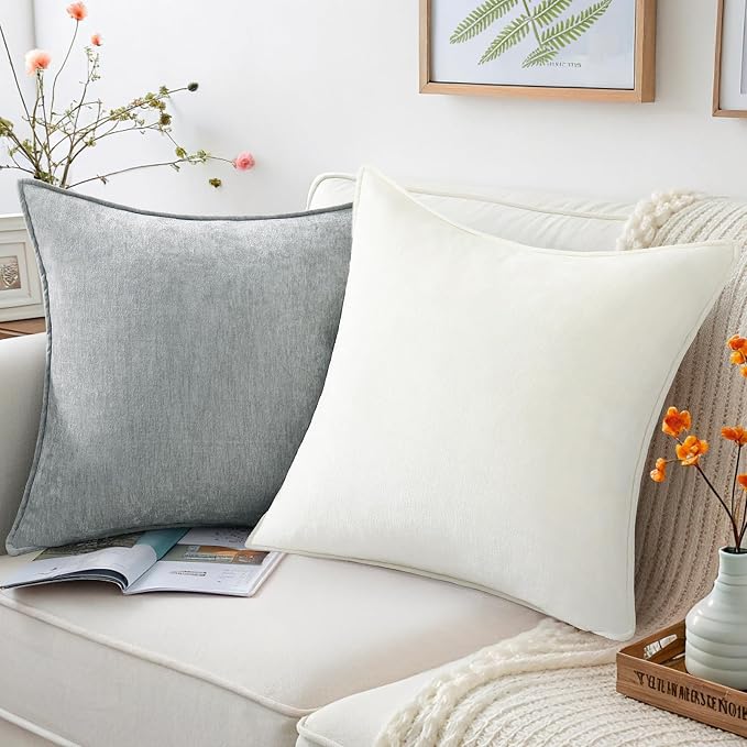 decorUhome Summer Couch Euro Sham Throw Pillow Covers 26x26 Set of 2, Decorative Soft Velvet Modern Cozy Chenille Pillow Cases with Elegant Design for Sofa Bed Living Room Home Decor, Ultimate Gray