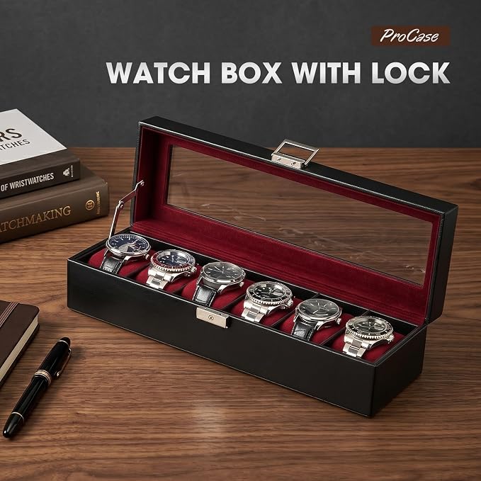 ProCase 6 Slot Watch Case Box for Men, PU leather Man Watch Organizer with Soft Pillow, Lockable Watch Collection Storage Holder with Glass Display Lid, Fathers Day Gift for Dad -Winered