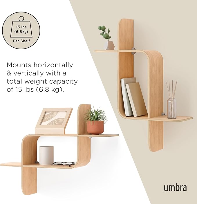 Umbra Montage Floating Wall Shelf Display Case, Made of Natural Bent Wood, Natural