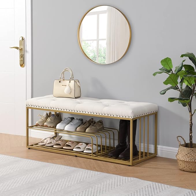Linen Bench with Storage-Entryway Shoe Storage with Tufted Padded Seat,Gold Mental Frame Ottoman Bench for Bedroom Entry Window Mudroom Living Room,Beige